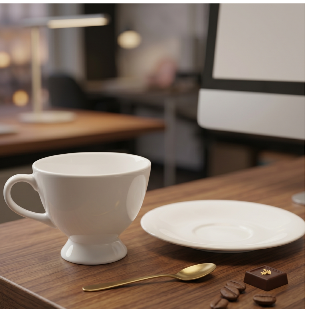 Set 6 Tazas de Café con Plato 160ml Cerámica Blanca