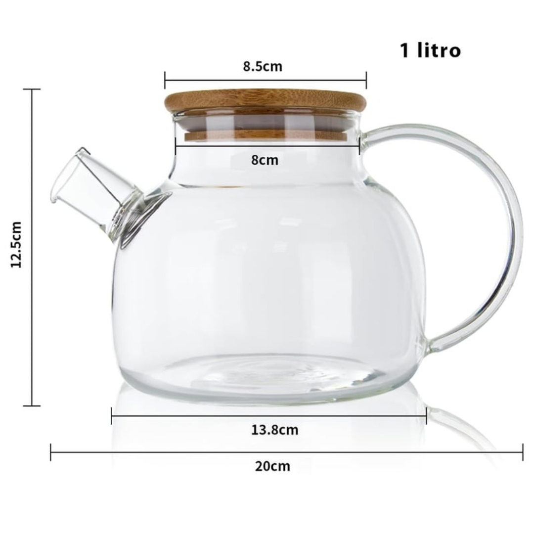 Tetera de Vidrio 1 Litro  con Tapa de Madera