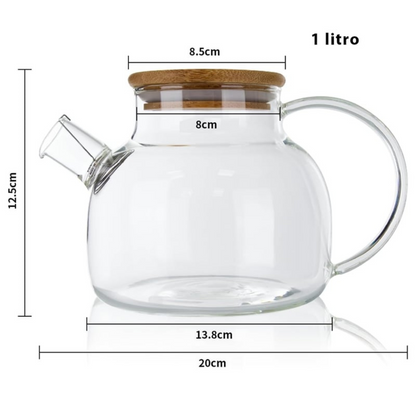Tetera de Vidrio 1 Litro  con Tapa de Madera