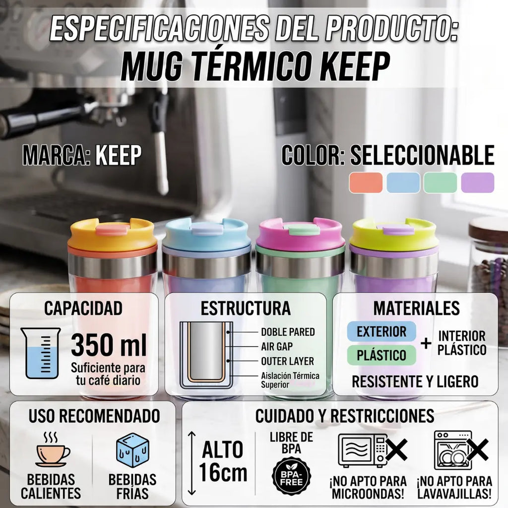 Mug Térmico Doble Pared 350ml Keep | Vaso Café y Té