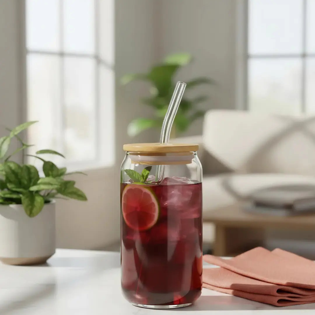 Vaso Lata de Vidrio 750ml con Tapa de Bambú y Bombilla