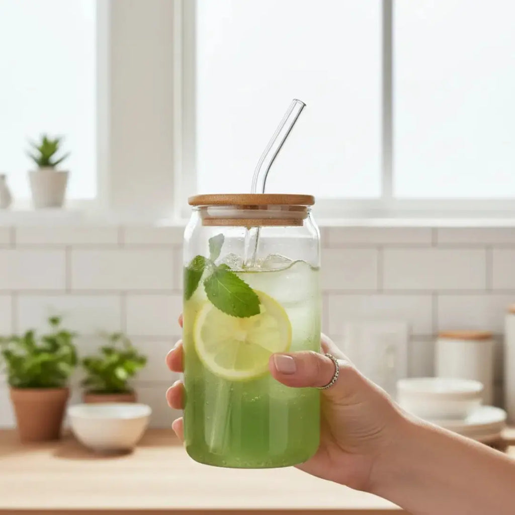 Vaso Lata de Vidrio 750ml con Tapa de Bambú y Bombilla