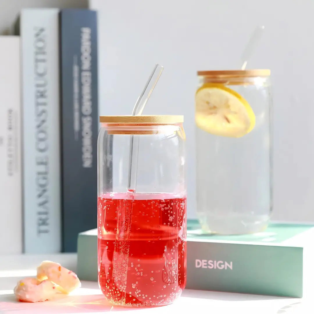 Vaso Lata de Vidrio 750ml con Tapa de Bambú y Bombilla