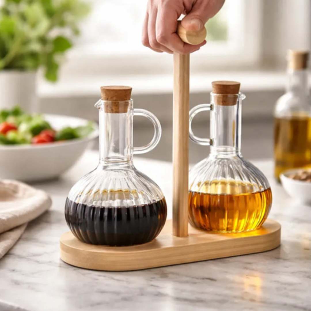 Set Aceitera Vinagrera Vidrio Base Madera 300ml