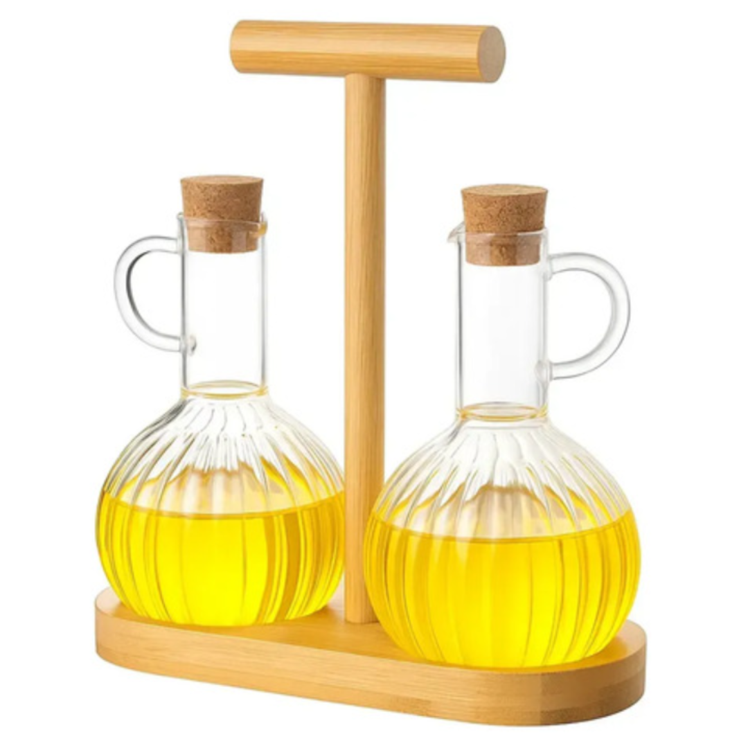 Set Aceitera Vinagrera Vidrio Base Madera 300ml