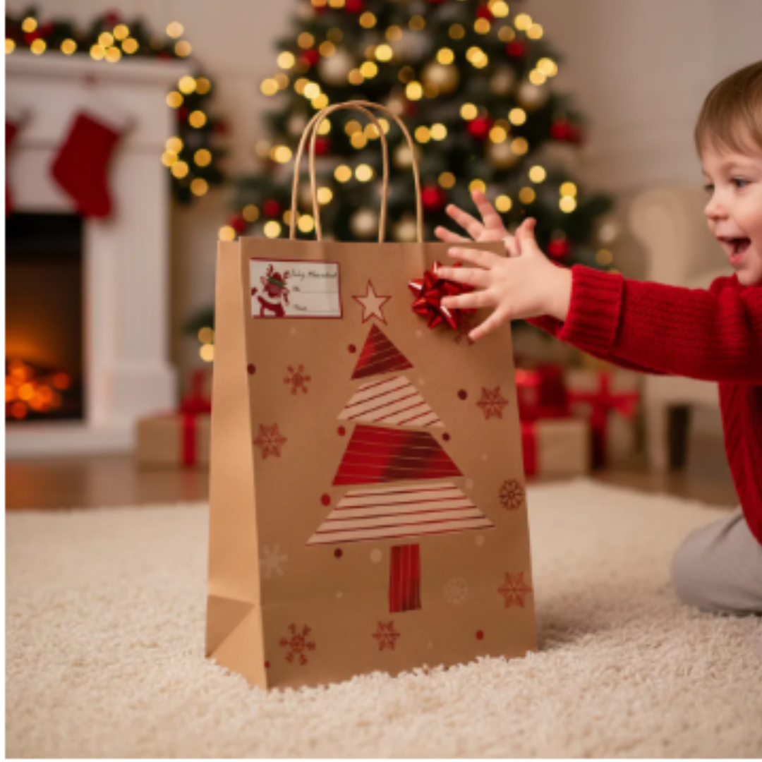 12 Bolsas De Regalo Navidad Kraft Mediana + Lazos + Stickers 