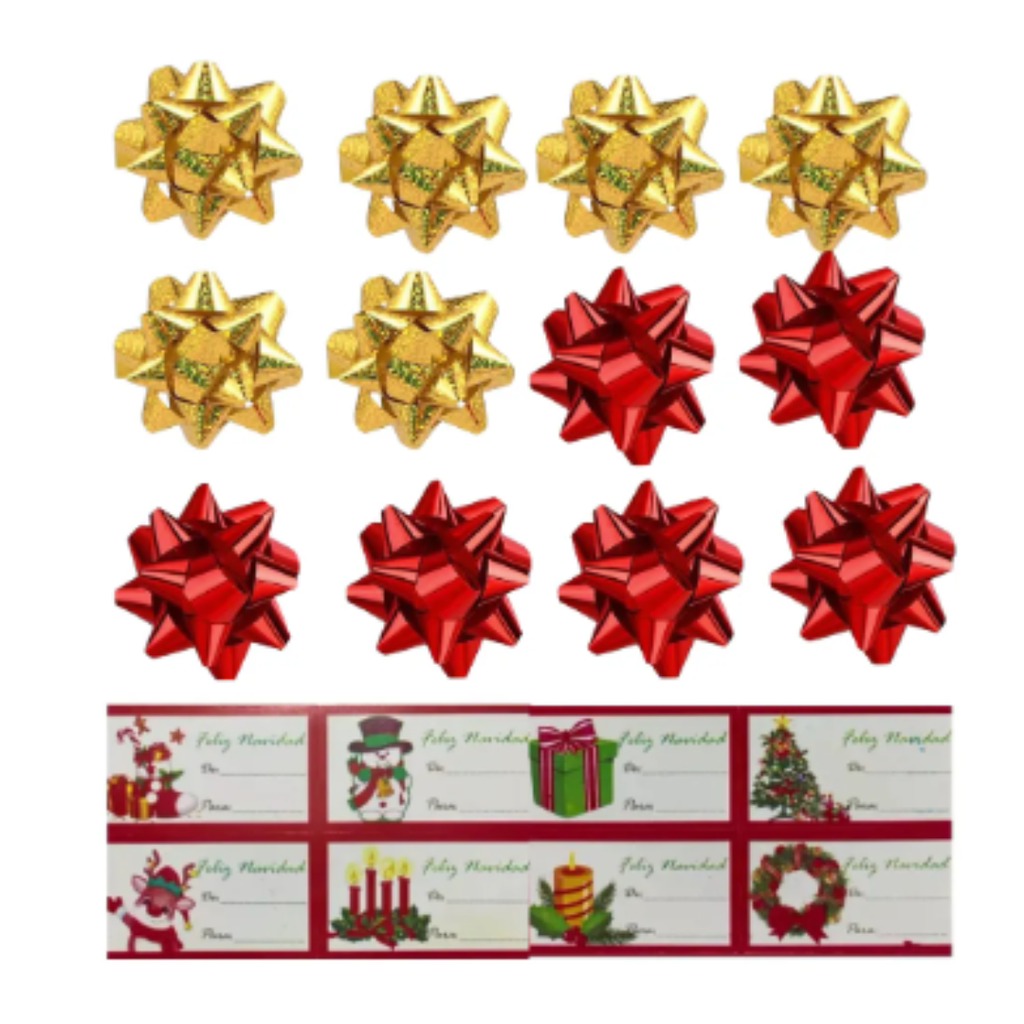 12 Bolsas De Regalo Navidad Kraft Mediana + Lazos + Stickers 