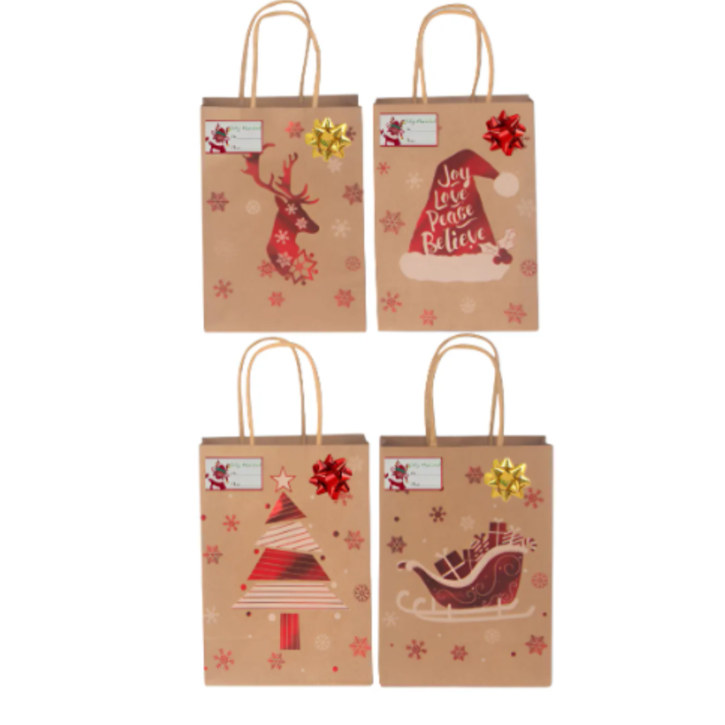 12 Bolsas De Regalo Navidad Kraft Mediana + Lazos + Stickers 