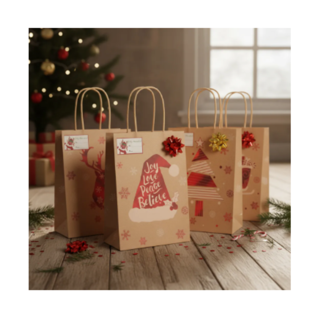 12 Bolsas De Regalo Navidad Kraft Mediana + Lazos + Stickers 