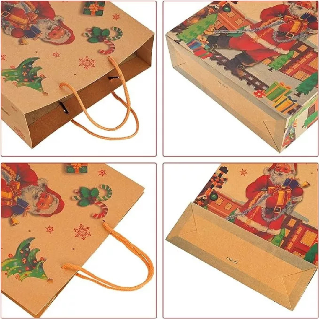 12 Bolsas de Regalo Papel Kraft Navidad Grandes (42x32)