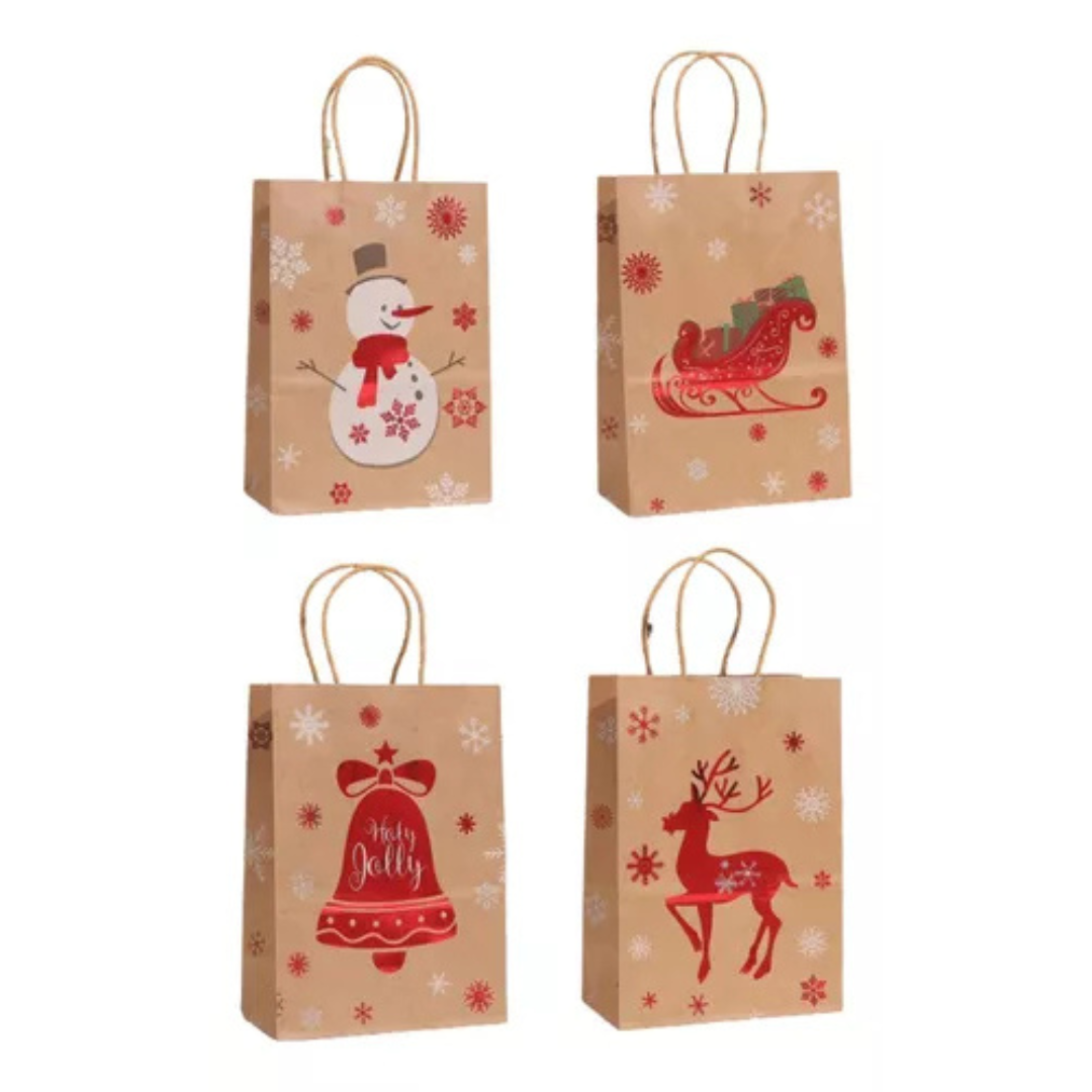 Set 12 Bolsas Kraft Navidad Medianas + Stickers (21*11*27)