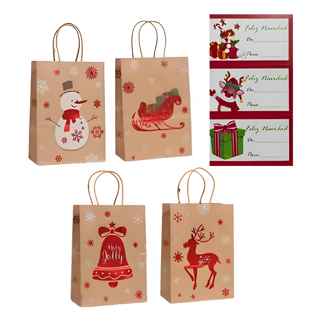 Set 12 Bolsas Kraft Navidad Medianas + Stickers (21*11*27)
