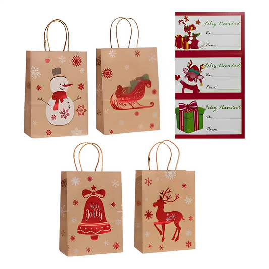 Set 12 Bolsas Kraft Navidad Medianas + Stickers (21*11*27)