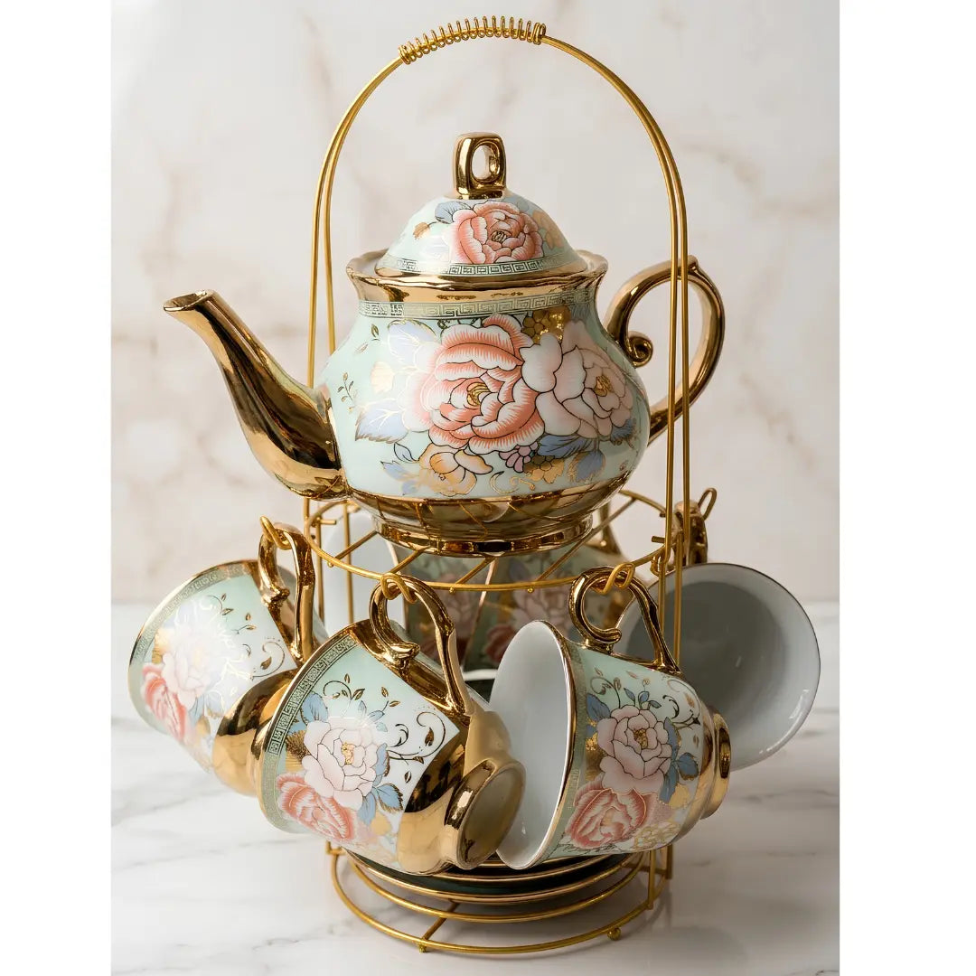 Juego de Té de Porcelana Fina con Tetera y Tazas