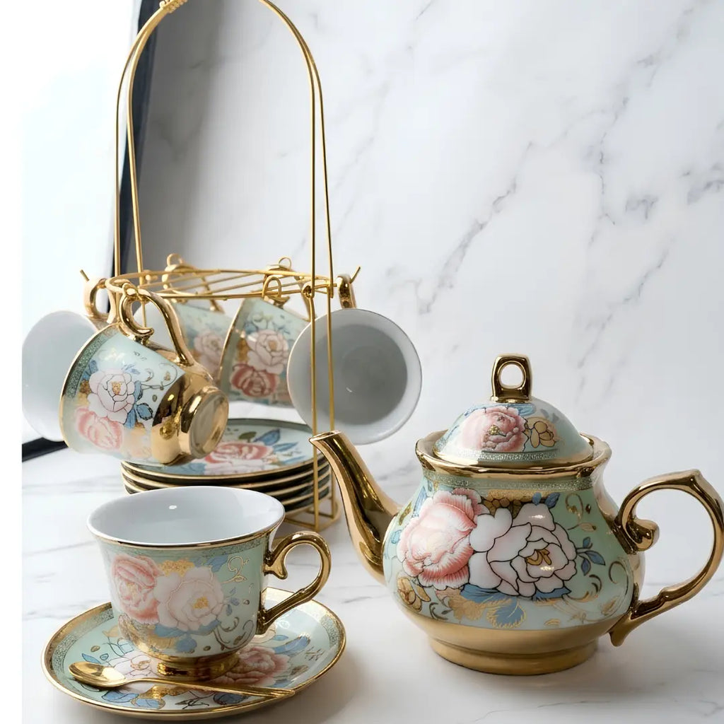 Juego de Té de Porcelana Fina con Tetera y Tazas