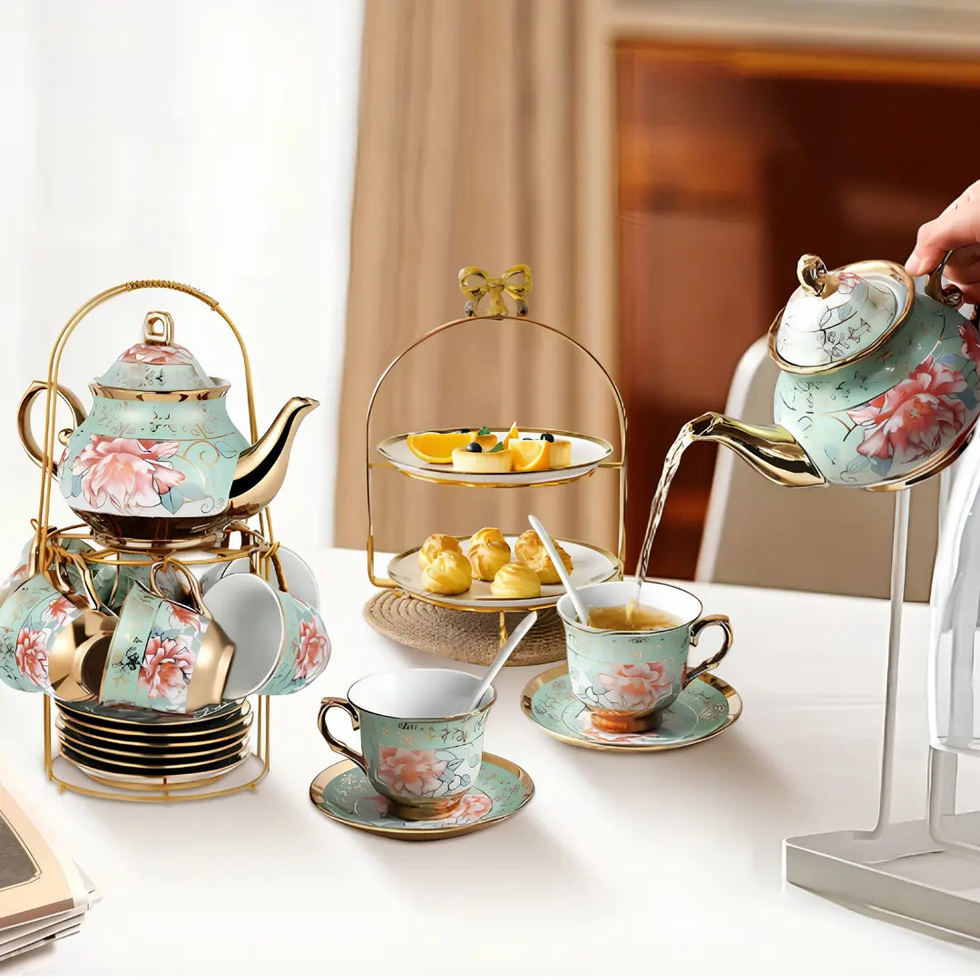 Juego de Té de Porcelana Fina con Tetera y Tazas