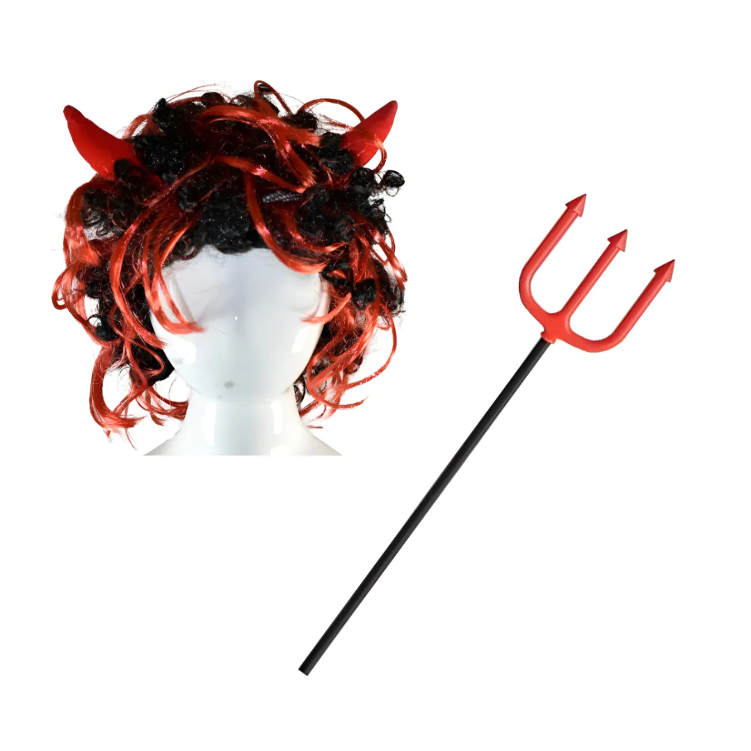 Peluca Diabla + Tridente Accesorios Halloween