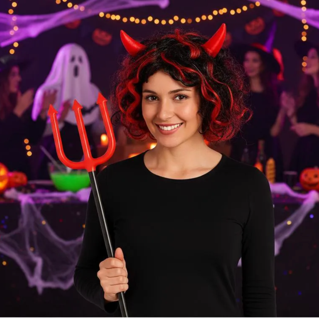 Peluca Diabla + Tridente Accesorios Halloween