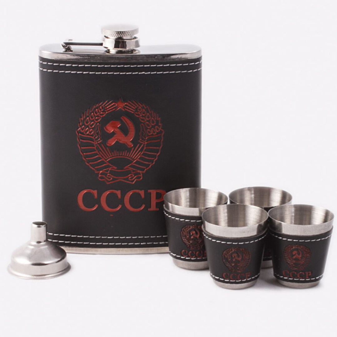 Set Petaca Licorera CCCP 8oz | Acero Inoxidable y Vasos