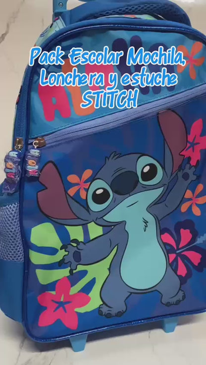 Pack Escolar 3 Piezas Stitch (Mochila con ruedas + Estuche + Lonchera)