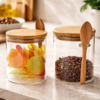 Set 2 Frascos Vidrio Tapa Bambú con Cuchara 500ml GLASSO