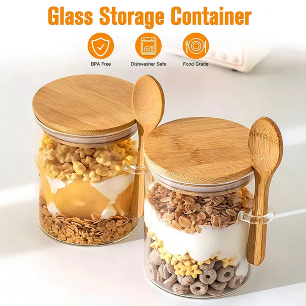 Set 2 Frascos Vidrio Tapa Bambú con Cuchara 500ml GLASSO