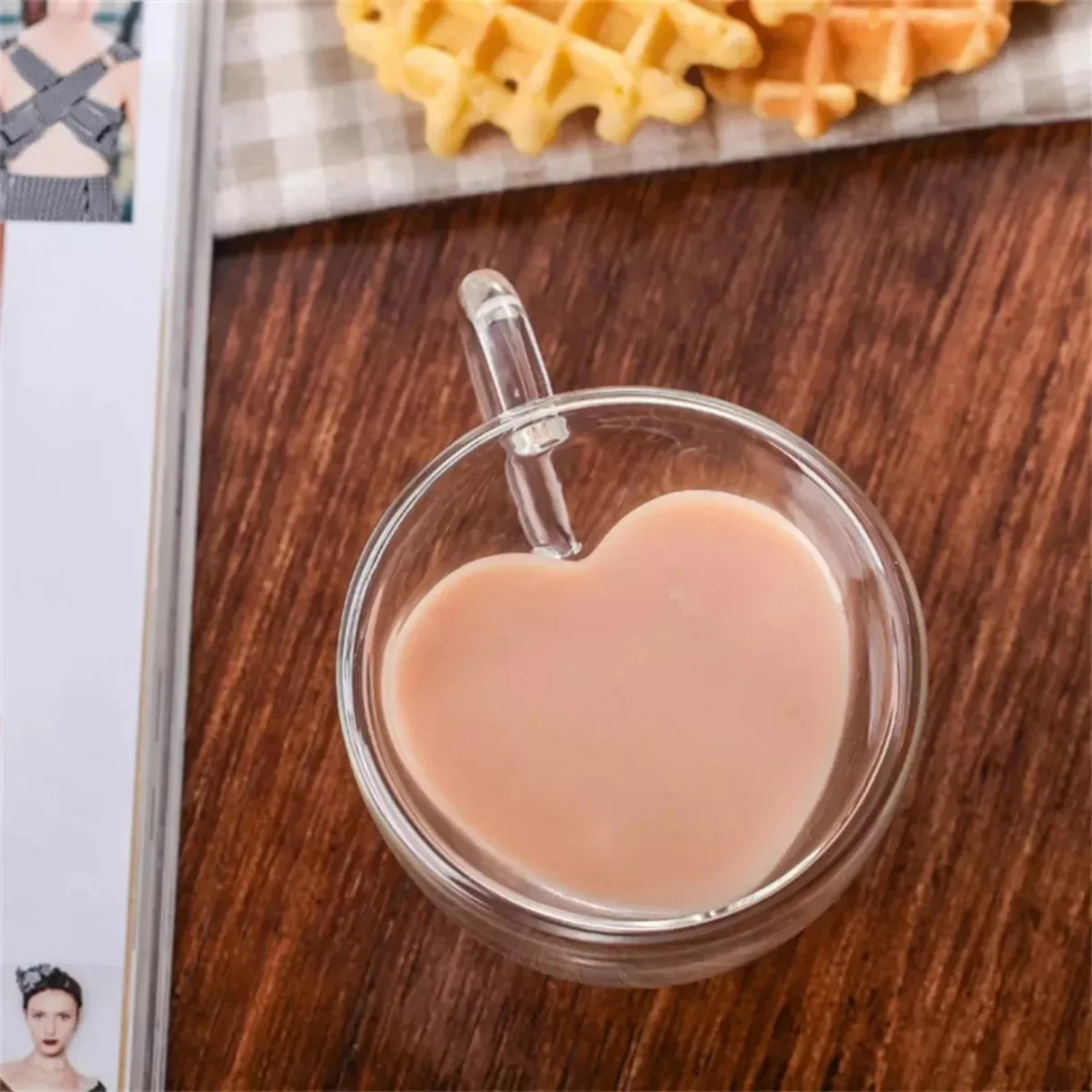 Set 2 Taza para Cafe o Te Vidrio Doble Pared forma Corazon 90 ML