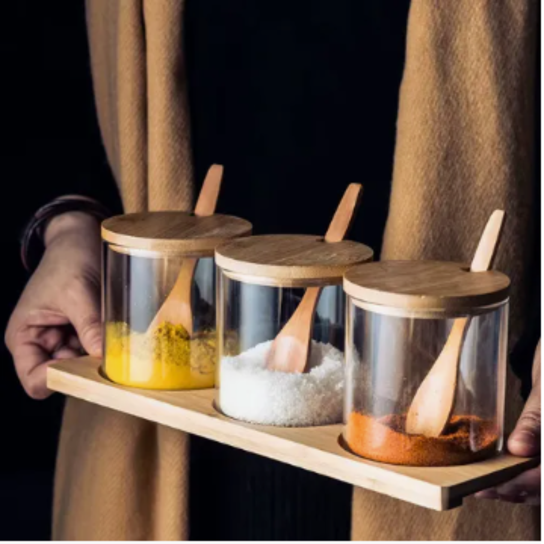 Set 3 Frascos Especieros + Bandeja + Cuchara Madera 300 Ml