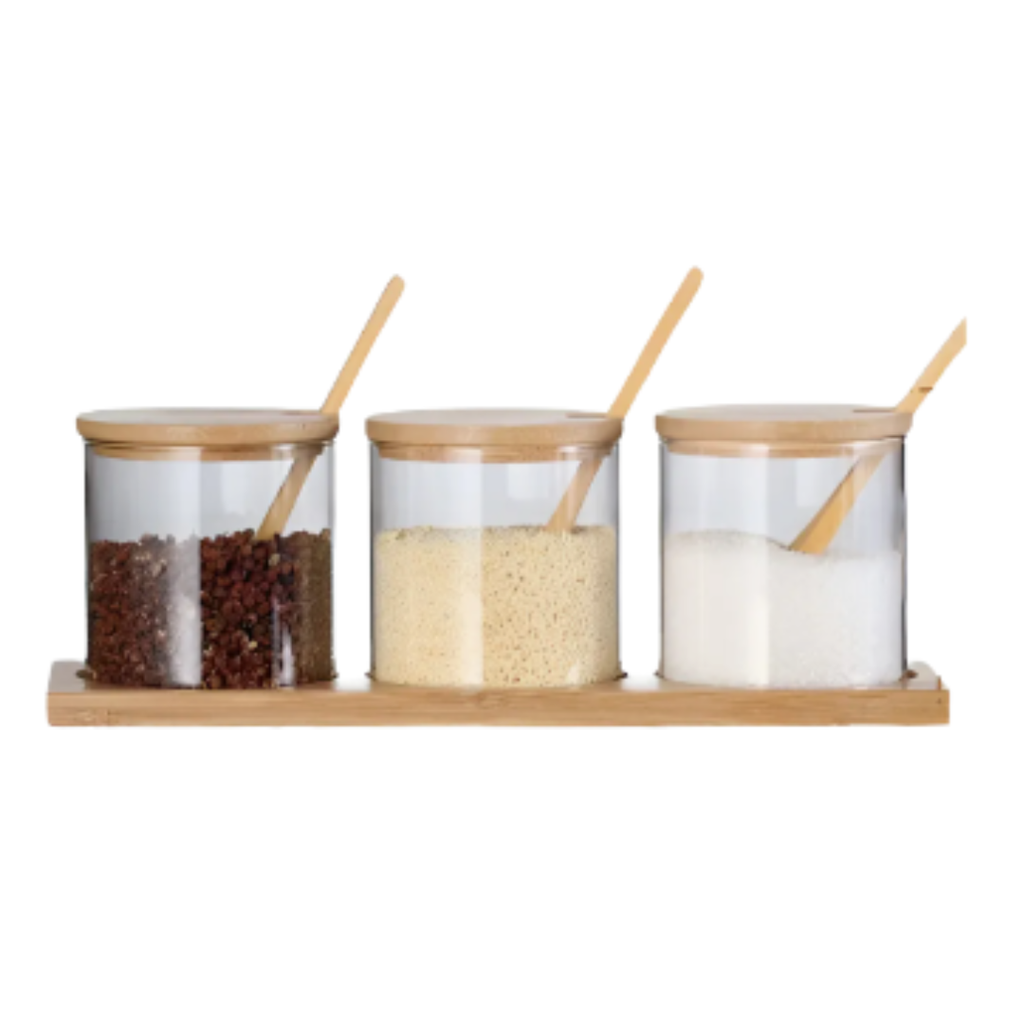 Set 3 Frascos Especieros + Bandeja + Cuchara Madera 300 Ml