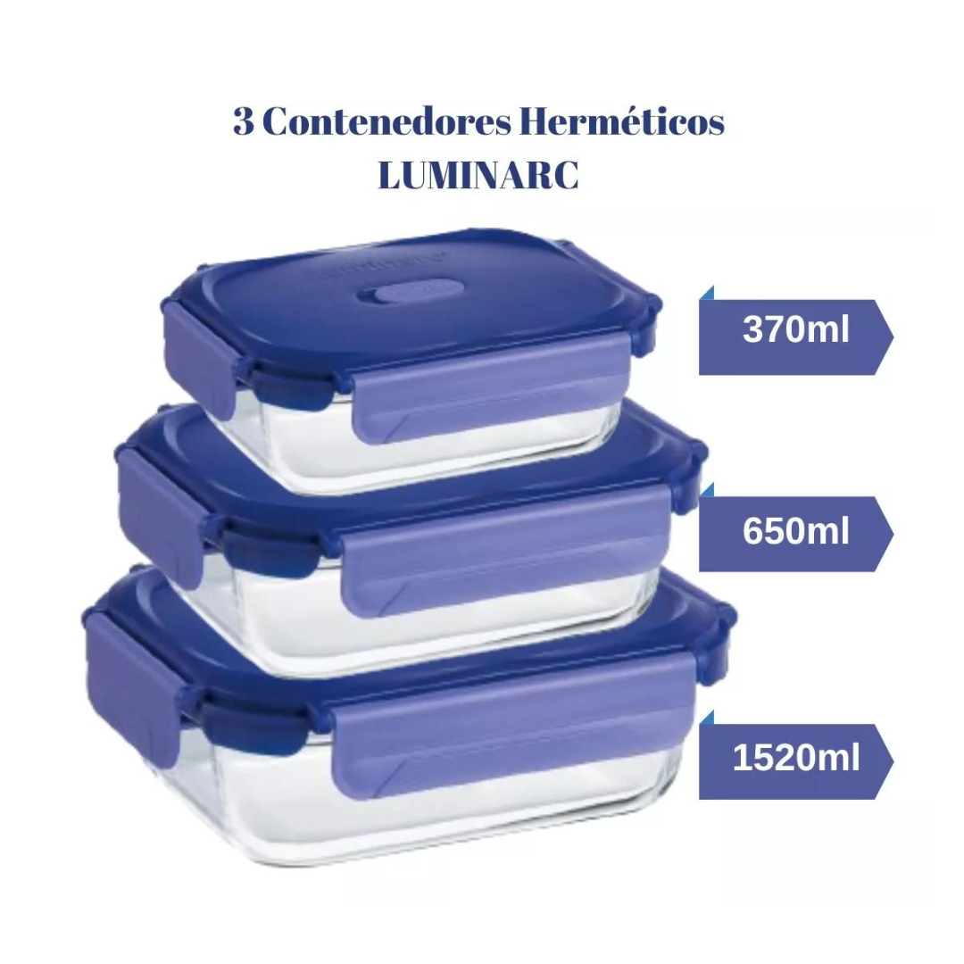 Set 3 Taper Contenedores Rectangulares Herméticos Luminarc (370 - 650 -1520 ML)