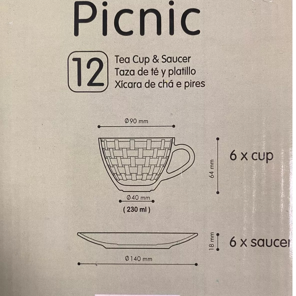 Set 6 Tazas + plato de Cafe o Te 230 ML Picnic Kimglass