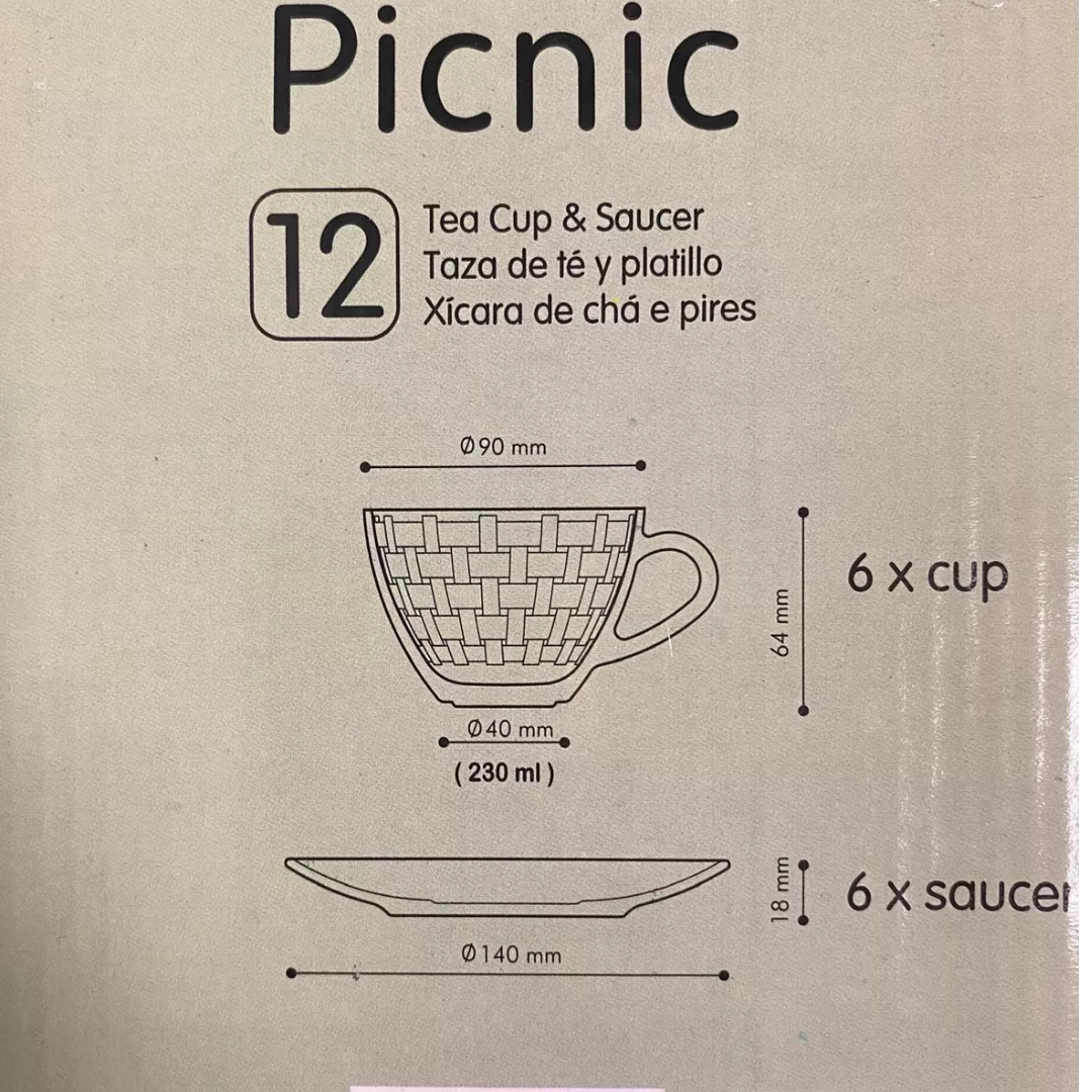 Set 6 Tazas + plato de Cafe o Te 230 ML Picnic Kimglass