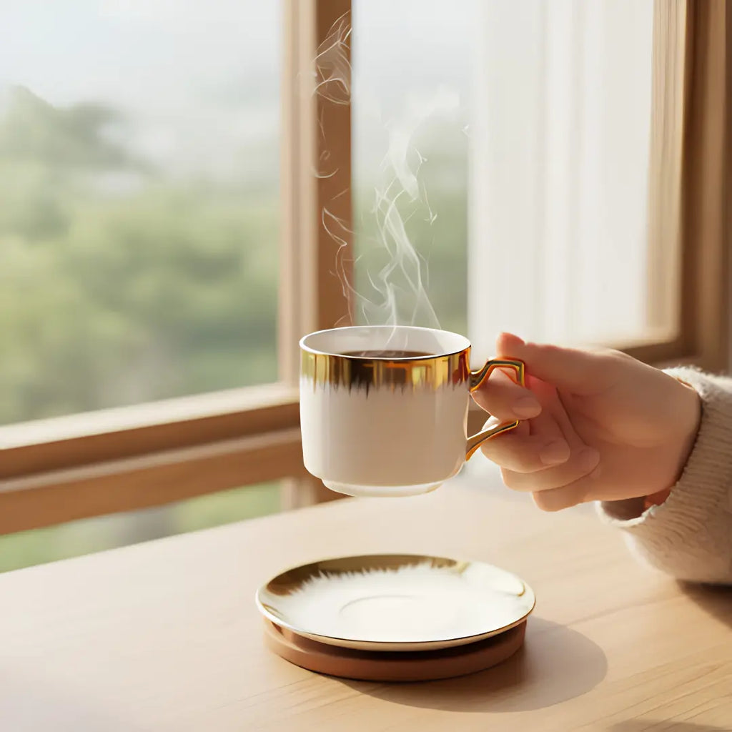 Set de Tazas de Café con Platillo Porcelana Blanca y Dorado
