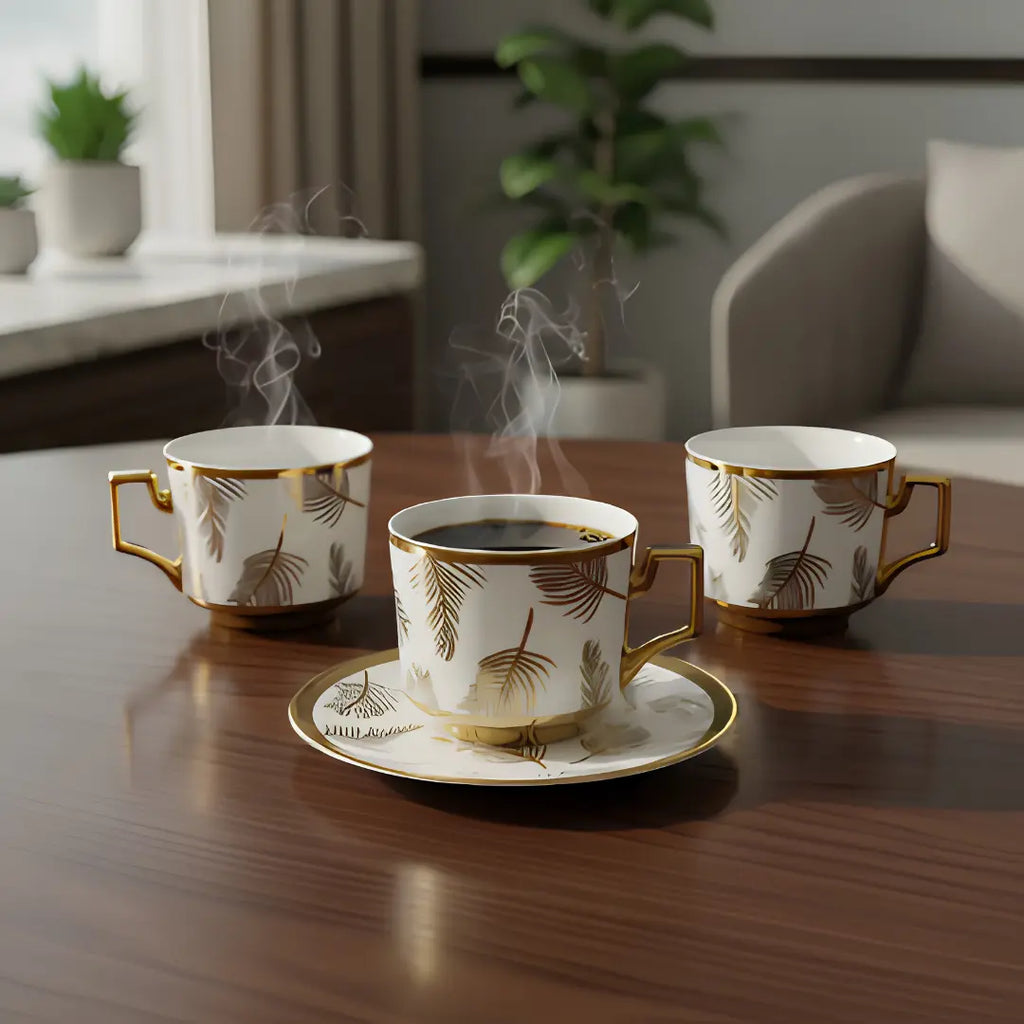 Set de Tazas de Café con Platillo Porcelana Blanca y Dorado