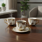 Set de Tazas de Café con Platillo Porcelana Blanca y Dorado