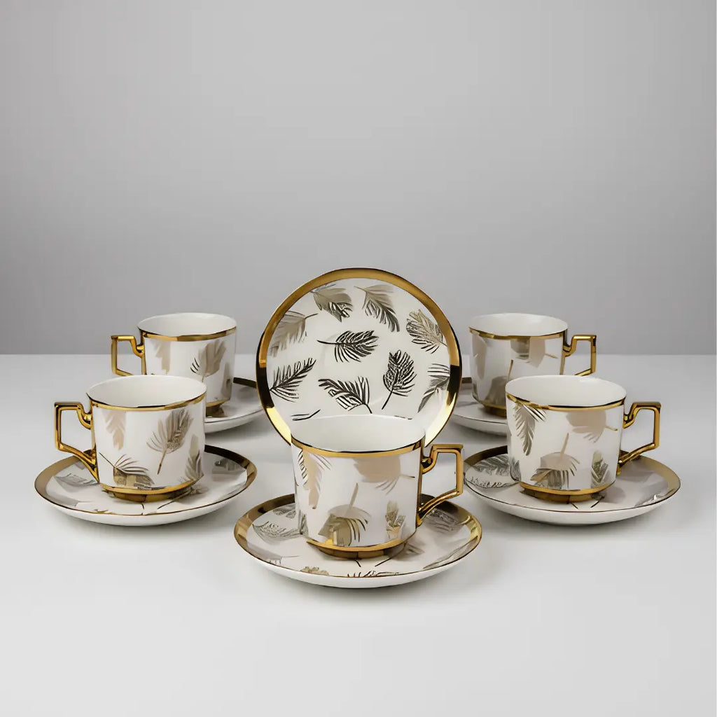 Set 6 Tazas Café con Platillos de Porcelana Diseños Dorado