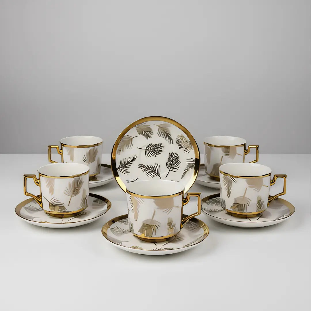 Set 6 Tazas Café con Platillos de Porcelana Diseños Dorado