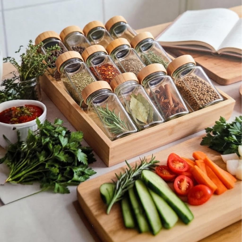Set Especiero Condimenteros Bambú 12 Frascos Vidrio Etiquetas