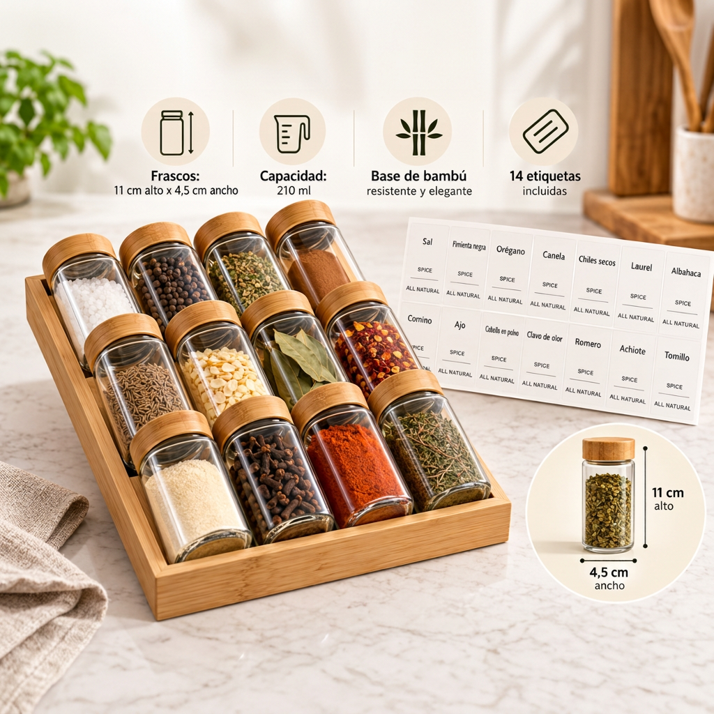 Set Especiero Condimentero Bambu 12 Frascos Vidrio Etiquetas