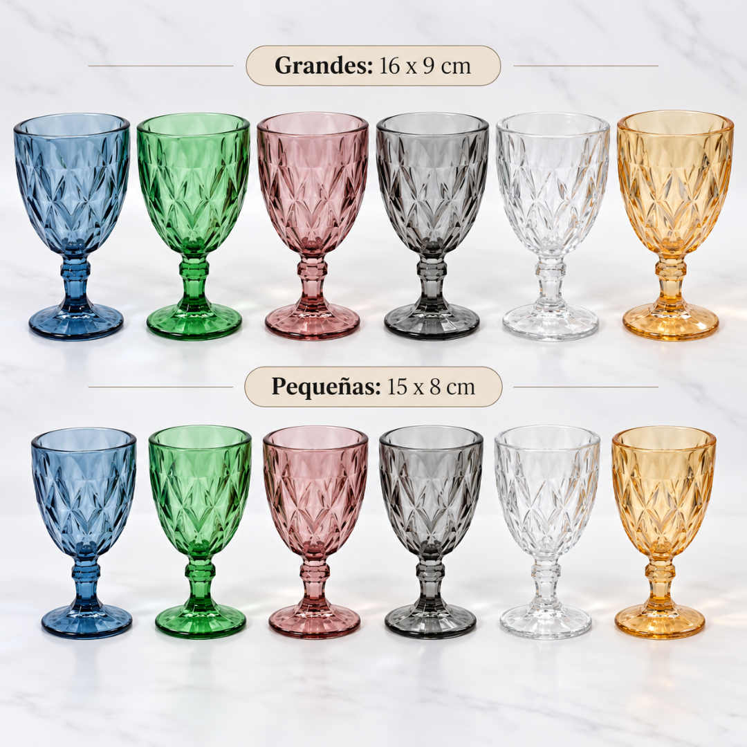 Set de 12 Copas de Vidrio Color Labradas Vintage