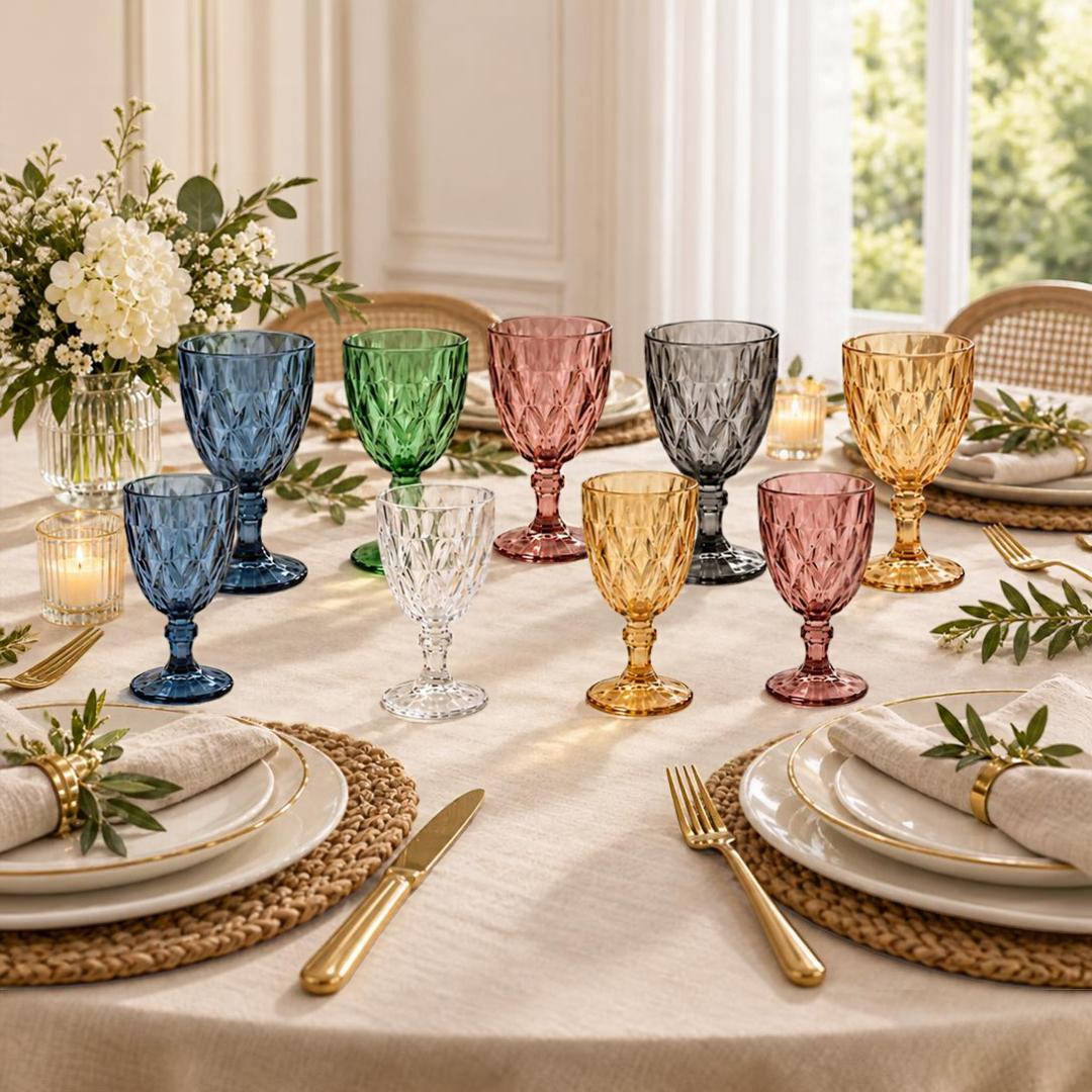 Set de 12 Copas de Vidrio Color Labradas Vintage