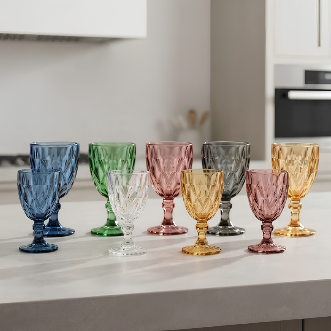 Set de 12 Copas de Vidrio Color Labradas Vintage