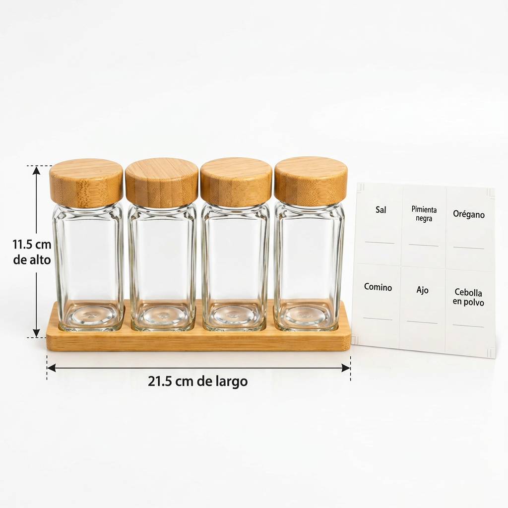 Set de 4 Especieros de Vidrio con Base de Bambú