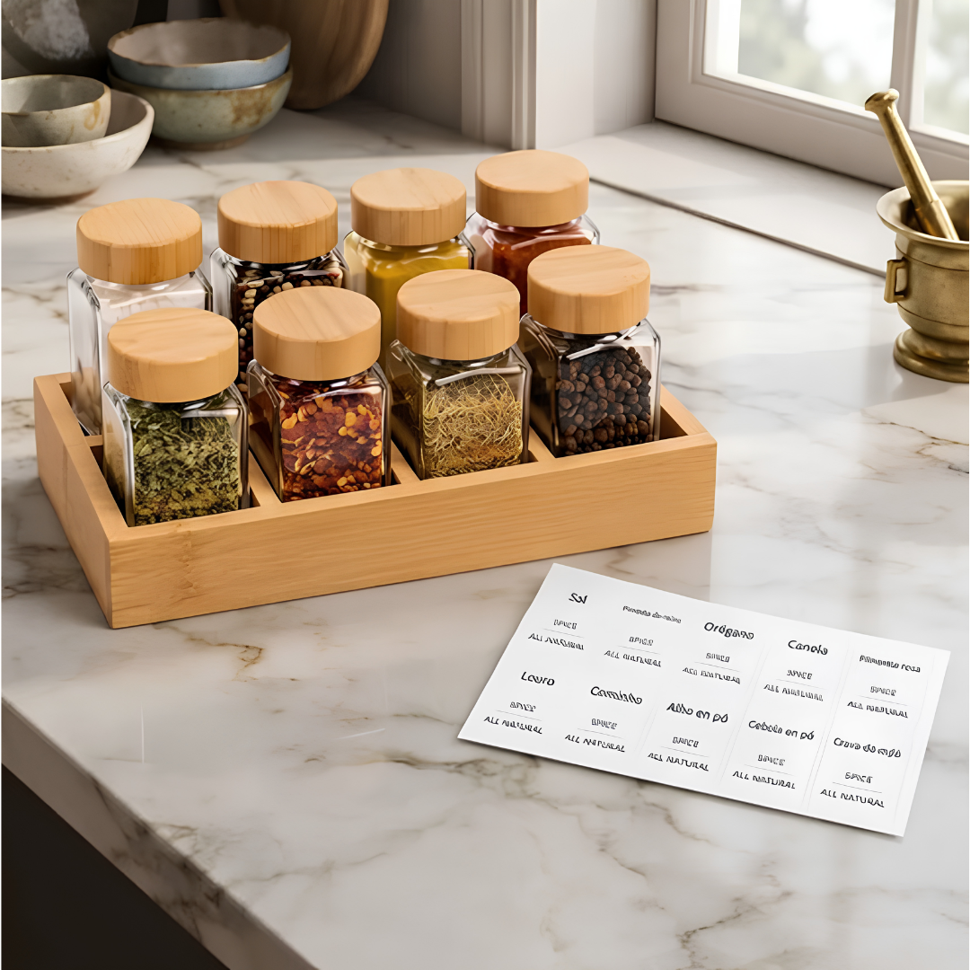 Set de 8 Especieros de Vidrio con Base de Bambú