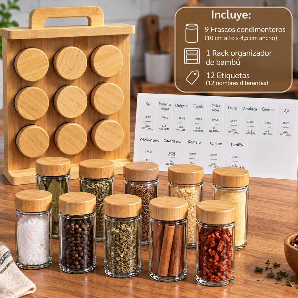 Set de 9 Especieros de Vidrio con Base de Bambú