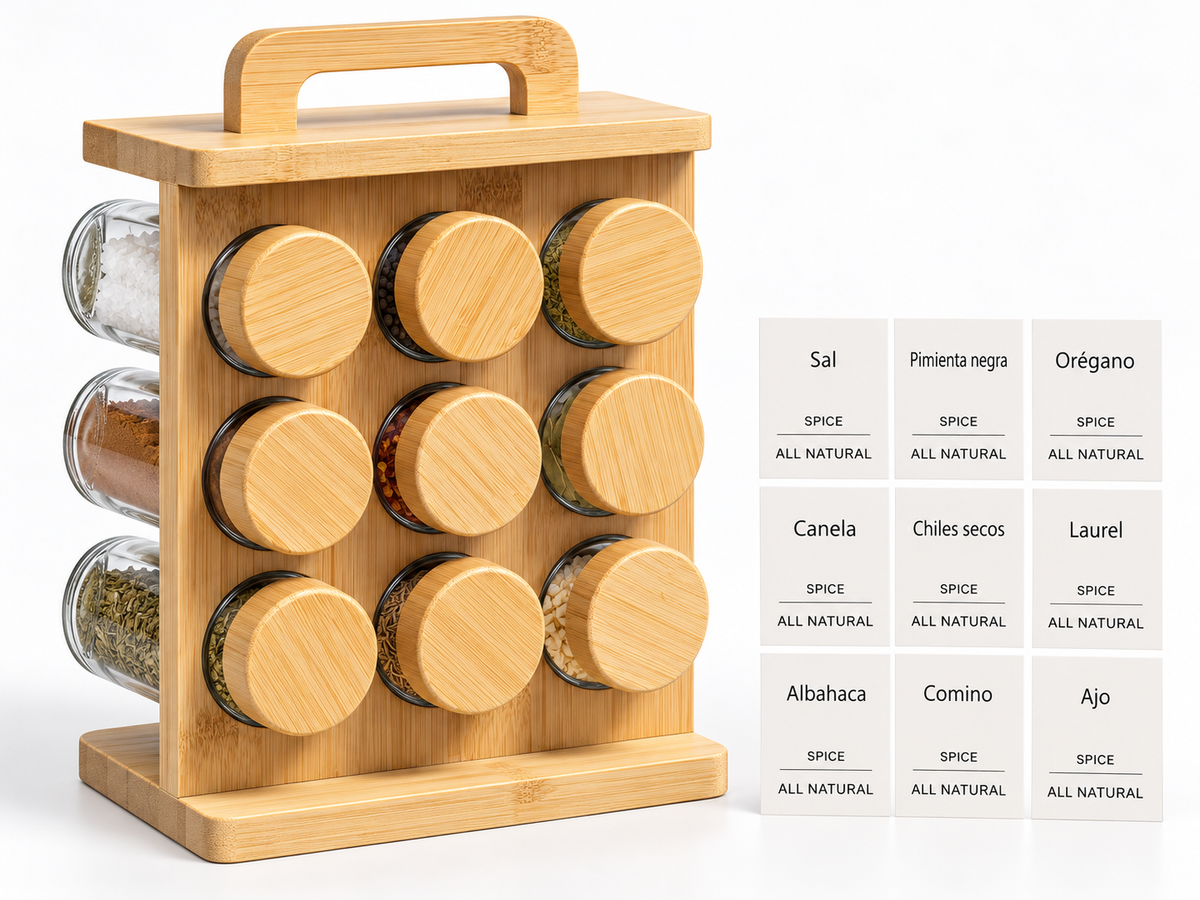 Set de Especieros de Vidrio con Base de Bambú