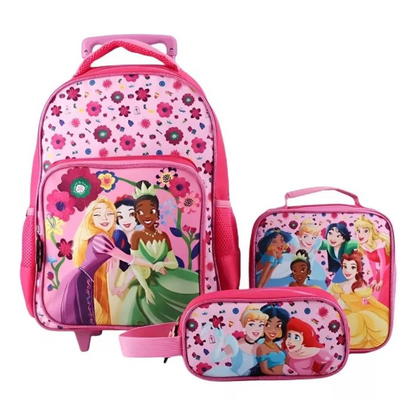 Pack Escolar Mochila con ruedas + Lonchera + Estuche Princesas Disney