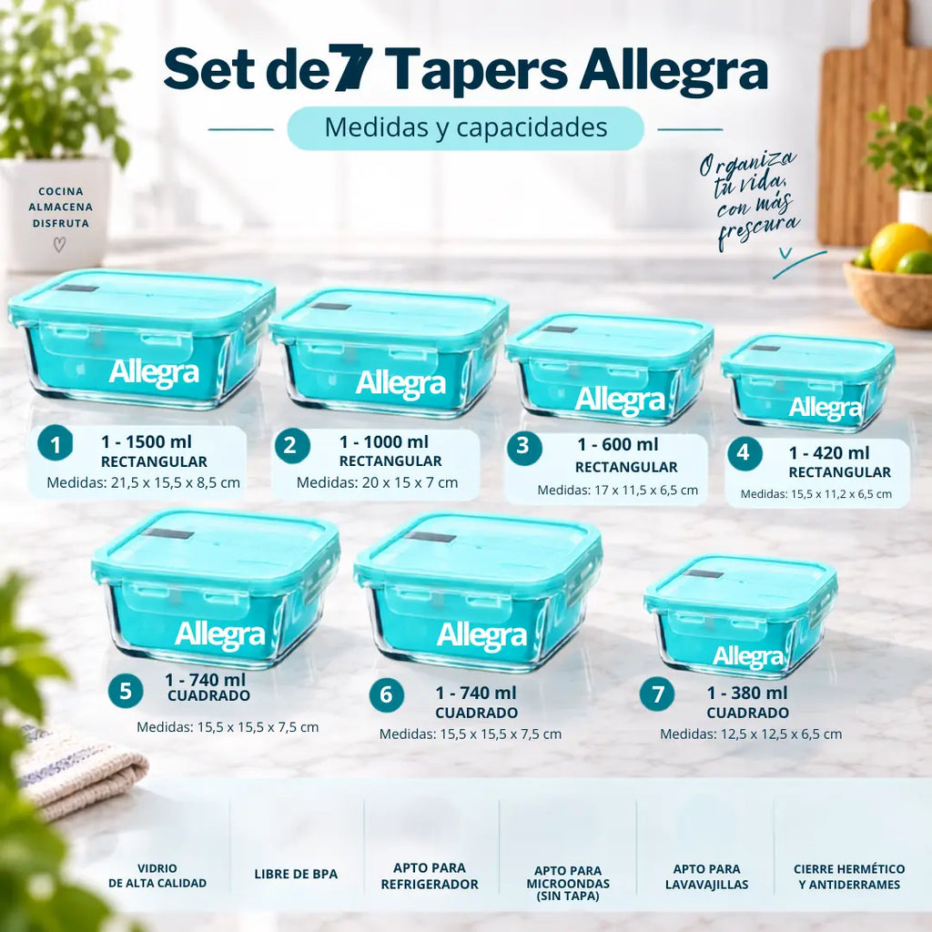 Set de 7 Tápers Allegra de Vidrio Herméticos con Tapa